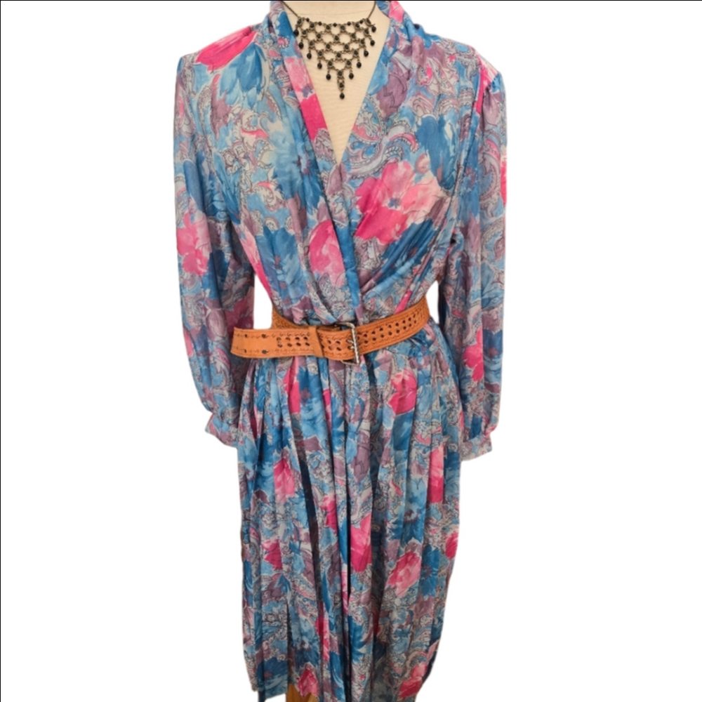 Vintage D’Alliards Dress Blue Pink Floral Draped Midi Canada 80s
